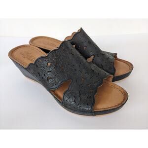 Volks Walkers Black Leather Wedge Sandals Sz 42/10.5 Flower Straps Comfort